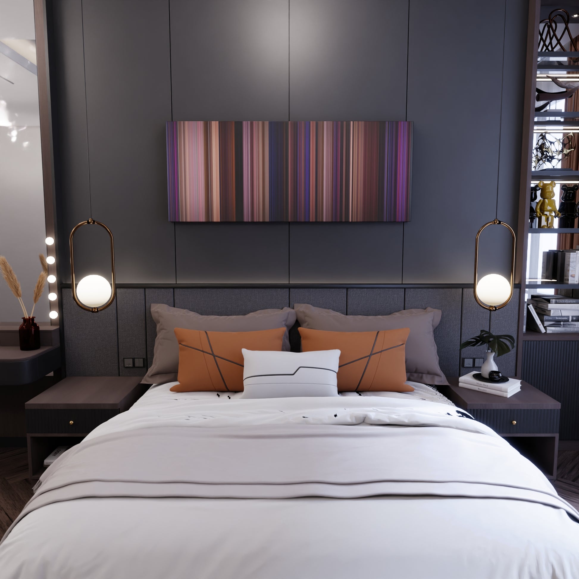 Bedroom interior with Pitch Perfect Frome on the wall