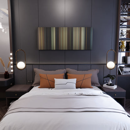 Bedroom interior with Paul Frome on the wall