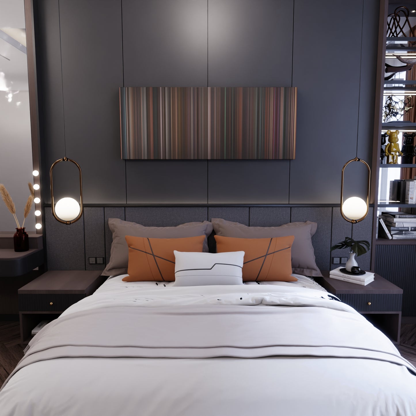 Bedroom interior with Black Swan Frome on the wall