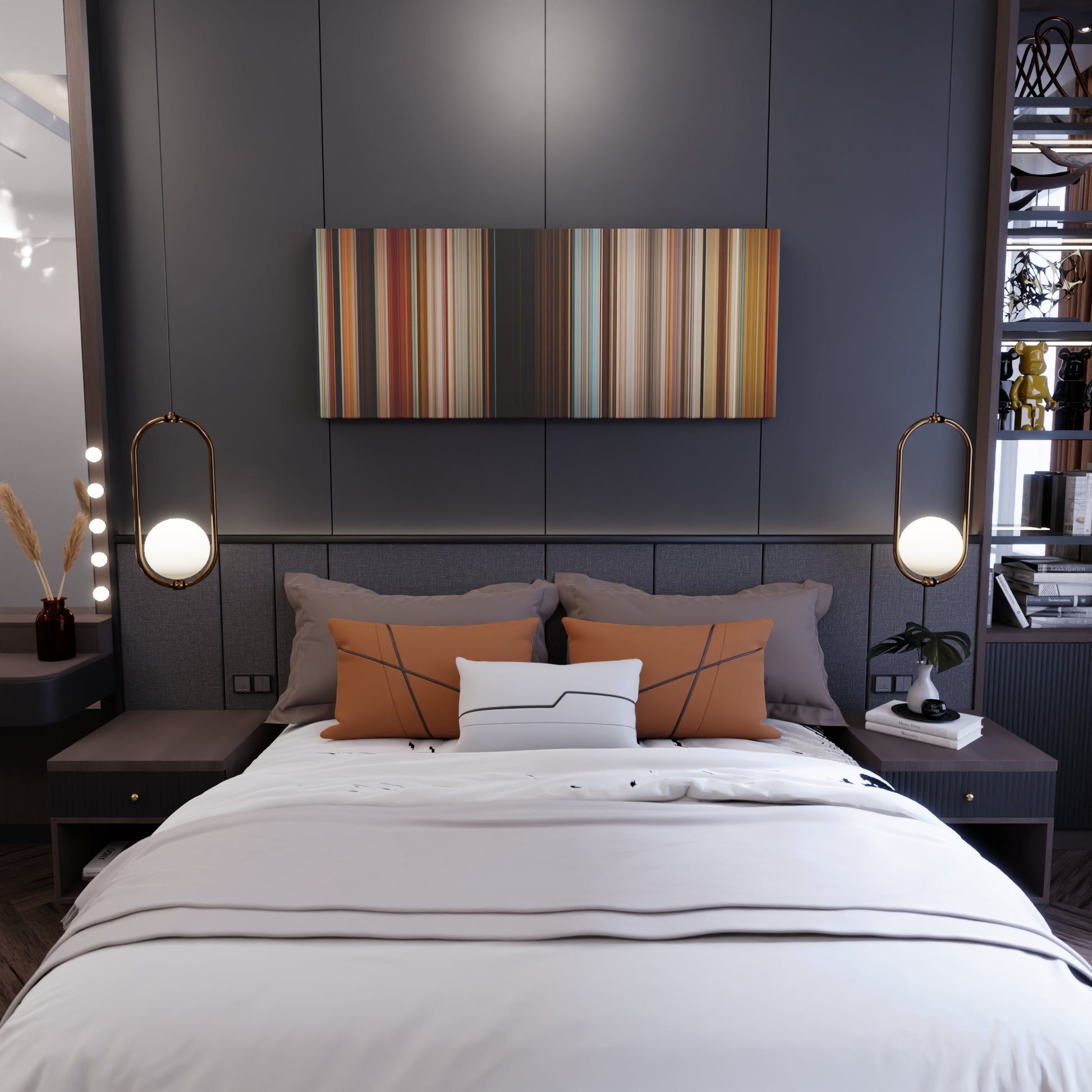 Bedroom interior with Revenge Frome on the wall