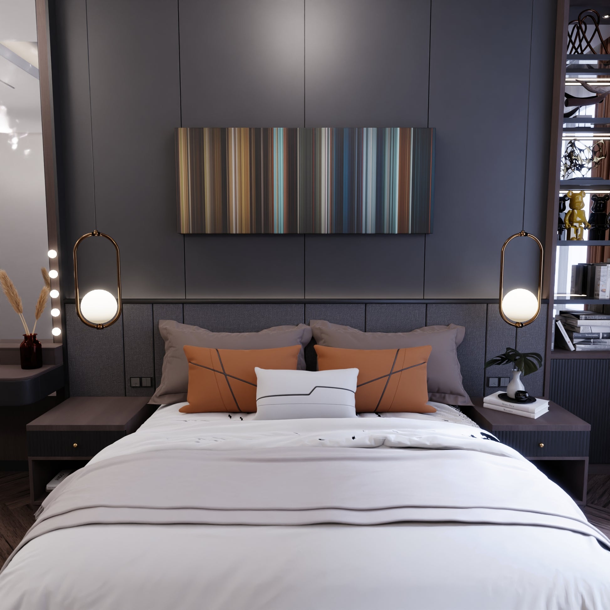 Bedroom interior with The Golden Compass Frome on the wall