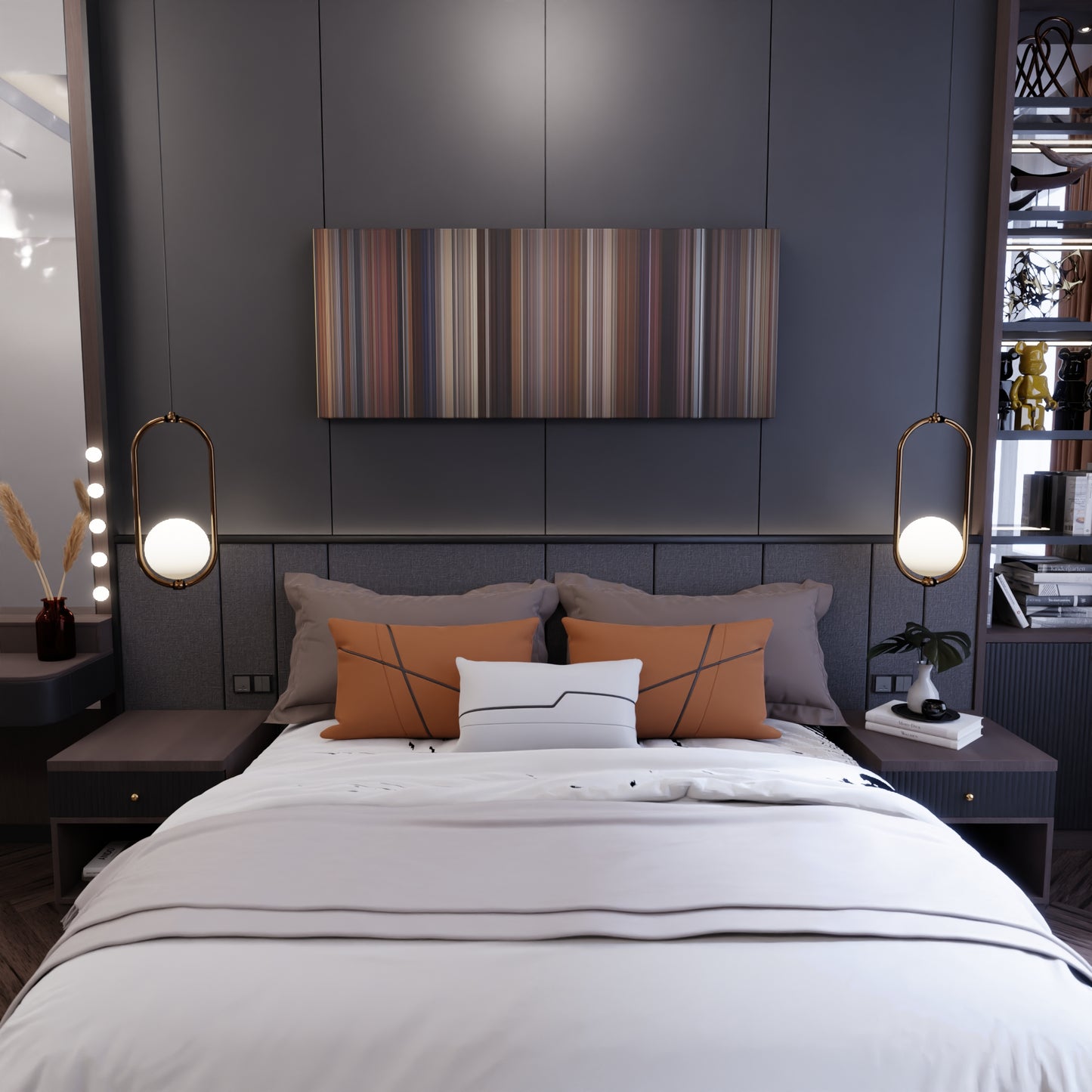 Bedroom interior with Curly Sue Frome on the wall