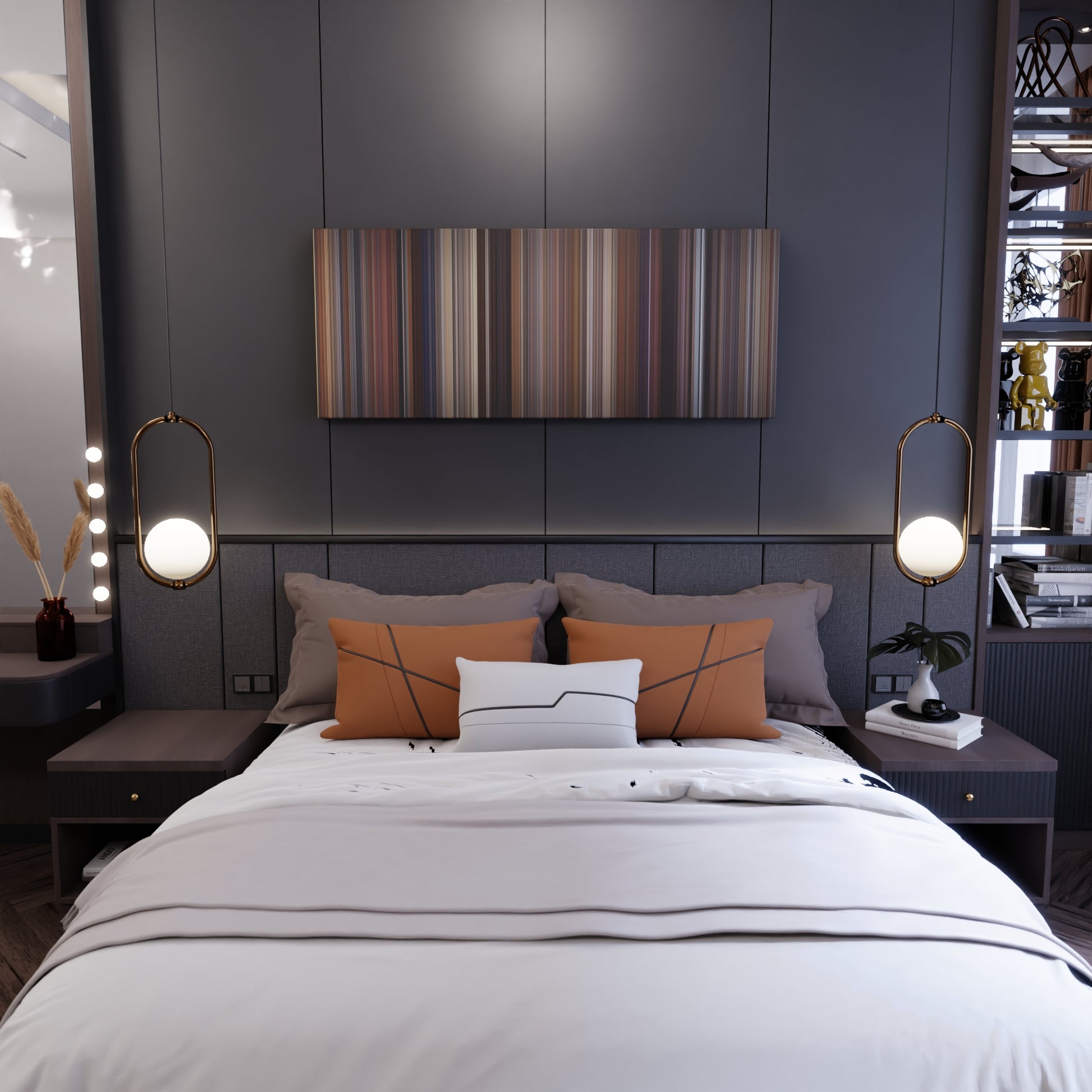 Bedroom interior with Curly Sue Frome on the wall