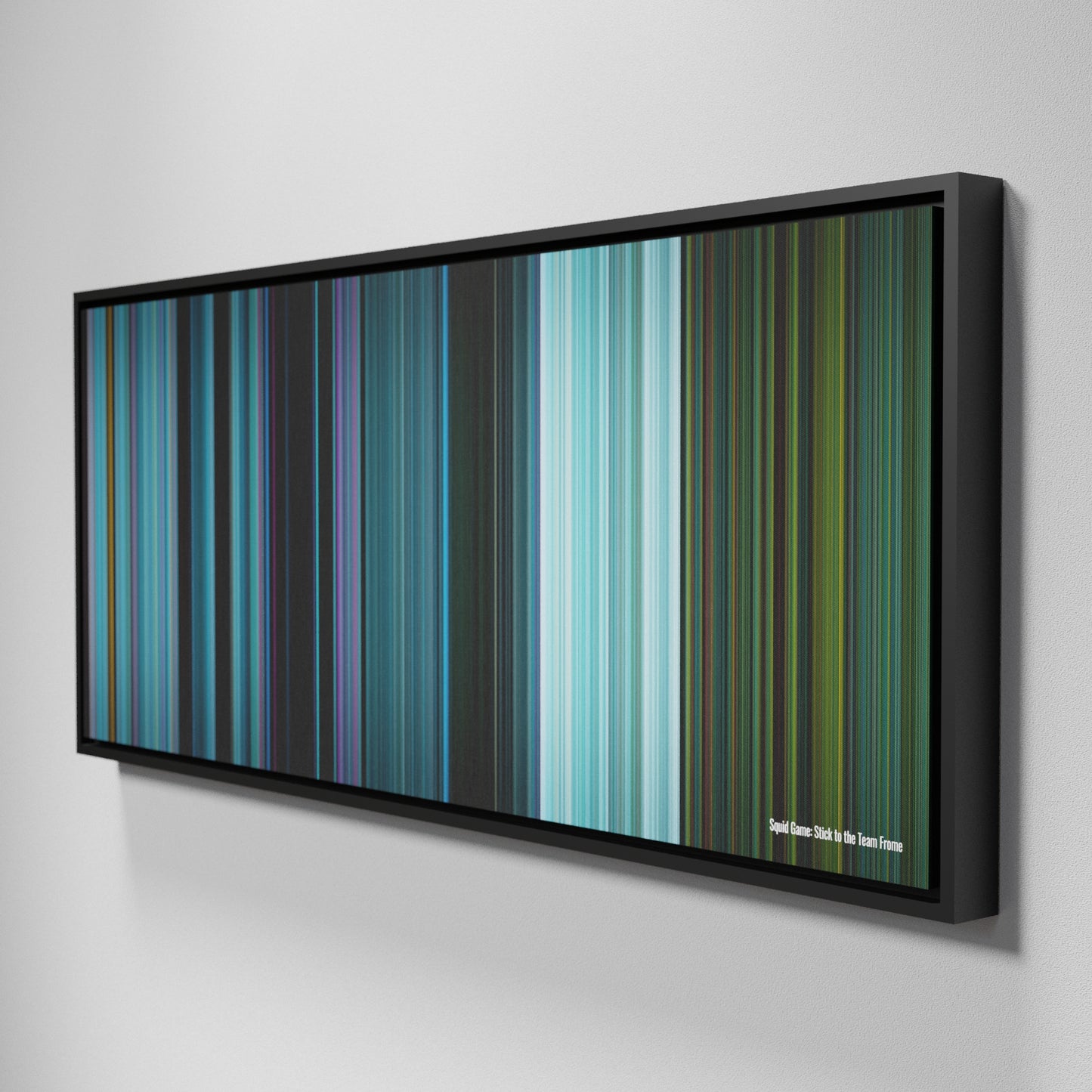 Side view of Framed Buff's of Squid Game: Stick to the Team Frome on the wall