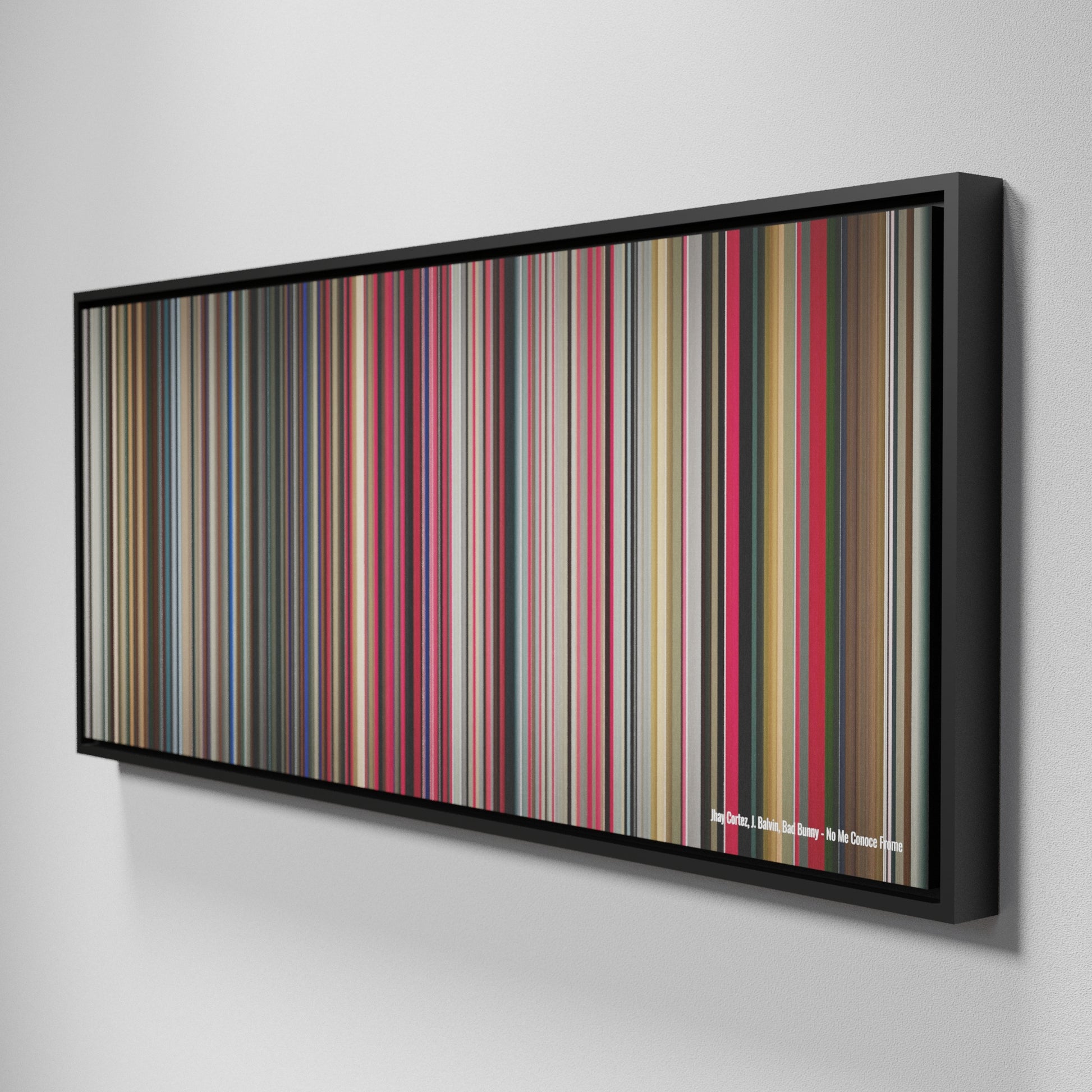 Side view of Framed Buff's of Jhay-Cortez-J-Balvin-Bad-Bunny-No-Me-Conoce Frome on the wall