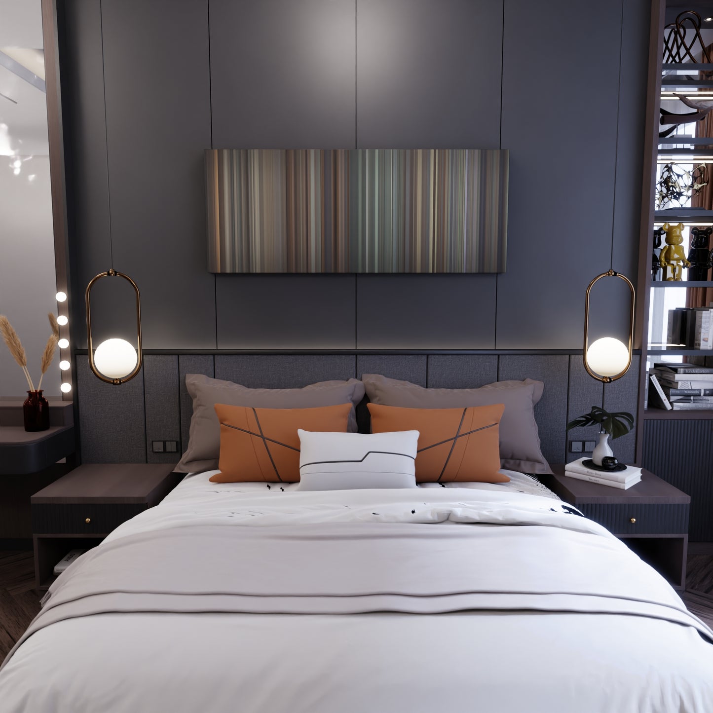 Bedroom interior with Farruko-Bad-Bunny-Rvssian-Krippy-Kush Frome on the wall