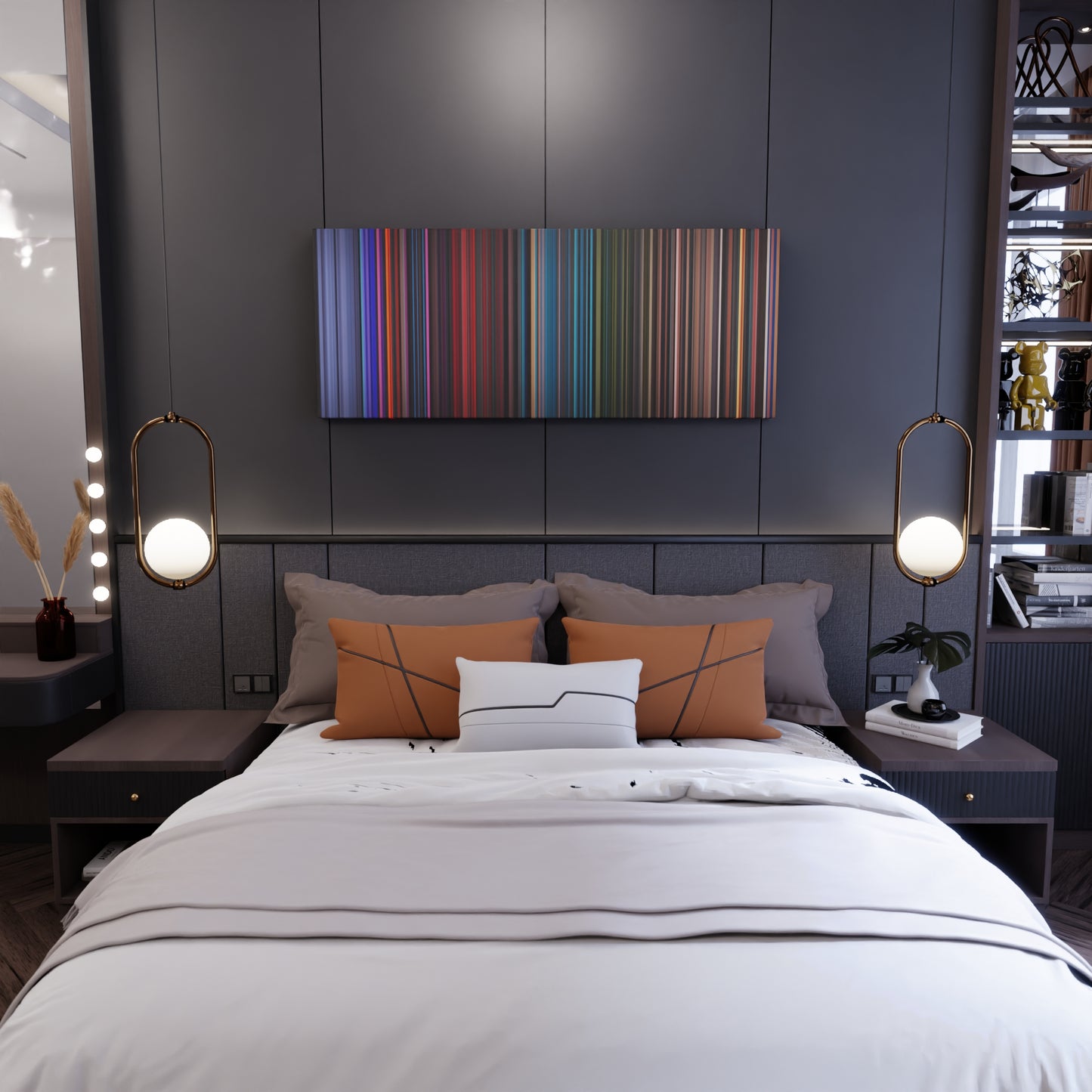 Bedroom interior with De-La-Ghetto-Arcangel-Ozuna-Anuel-Aa-Dj-Luian-Mambo-Kingz-La-Ocasion Frome on the wall