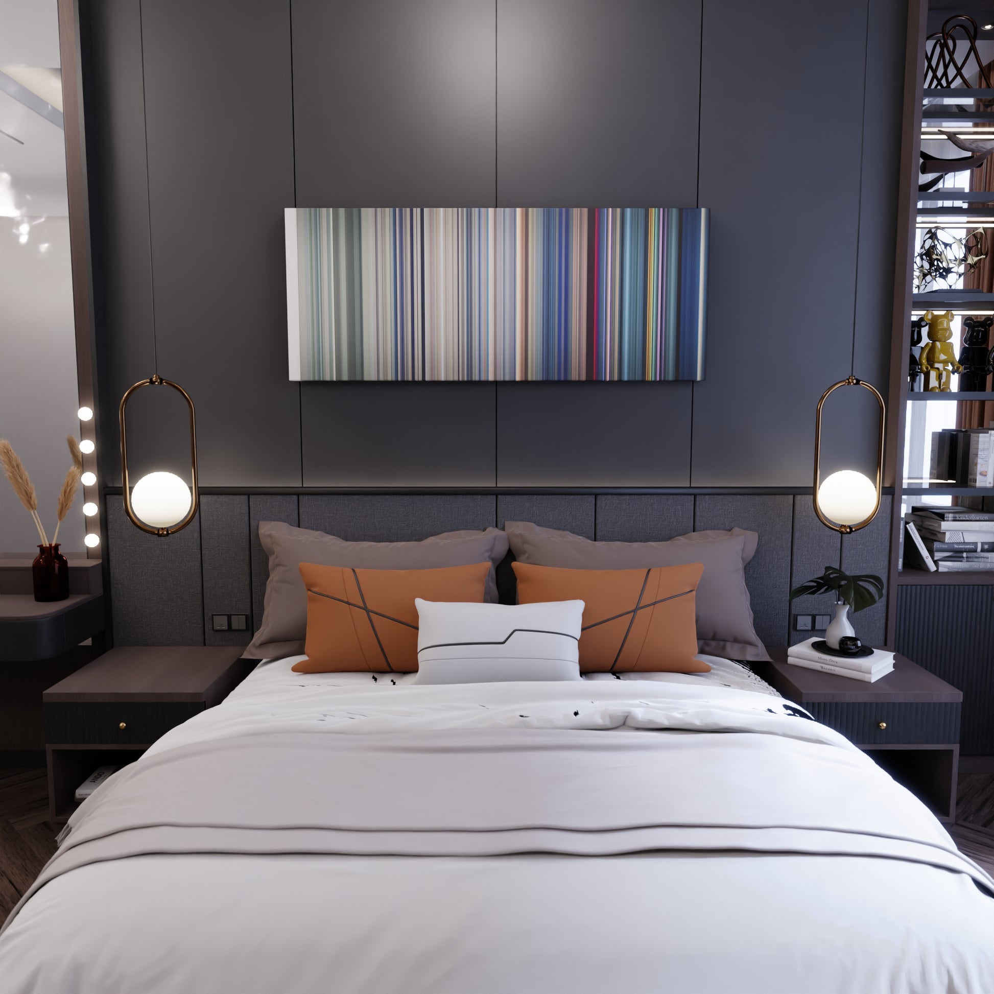 Bedroom interior with BTS-Fire Frome on the wall